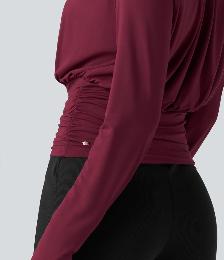 High Neck Long Sleeve Ruched Casual Top