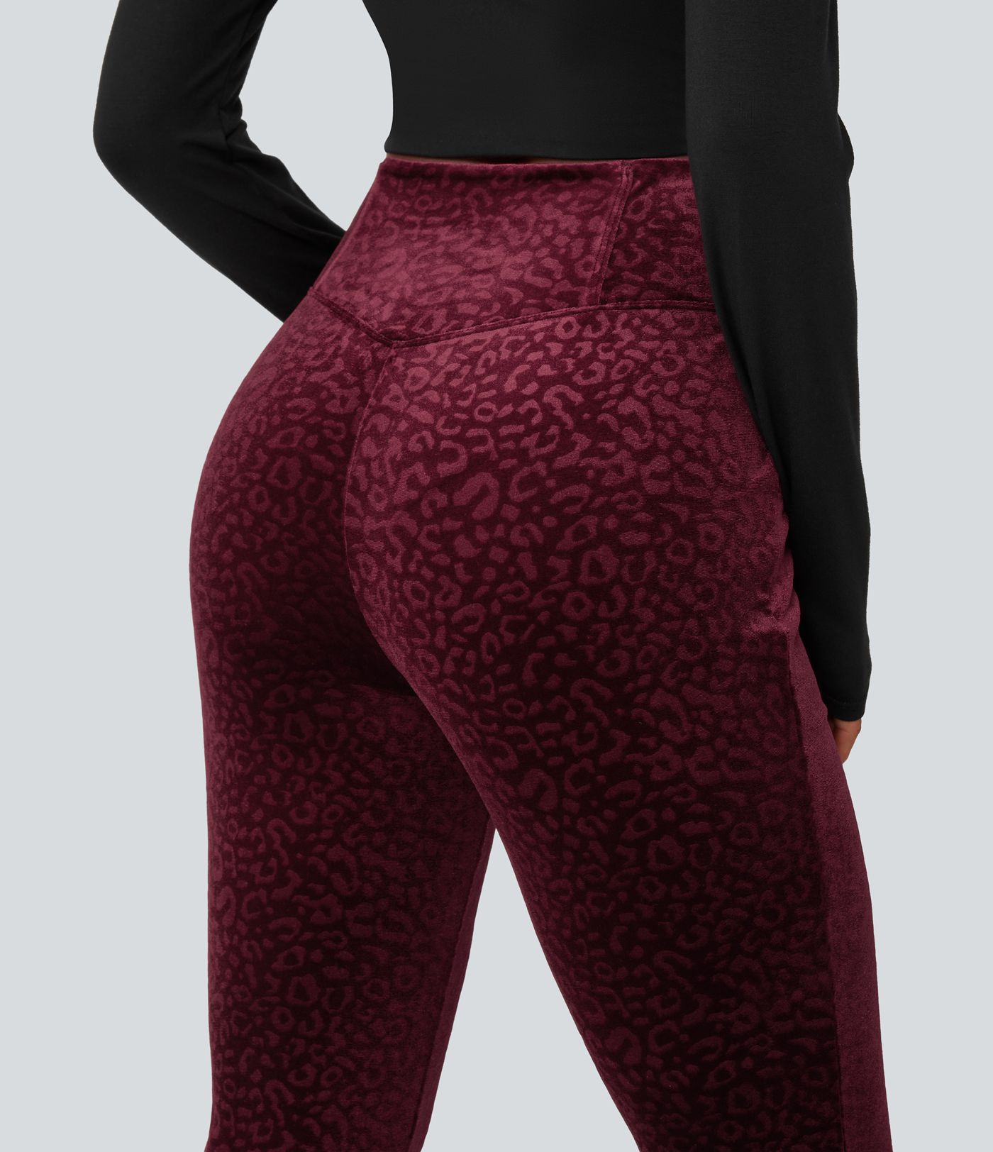 High Waisted Crossover Leopard Print Velvet Casual Flare Pants with Pockets