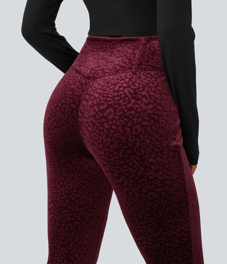 High Waisted Crossover Leopard Print Velvet Casual Flare Pants with Pockets