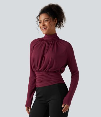 High Neck Long Sleeve Ruched Casual Top