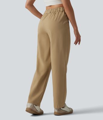 High Waisted Pleated Straight Leg Casual Chino Cotton Pants with Pockets