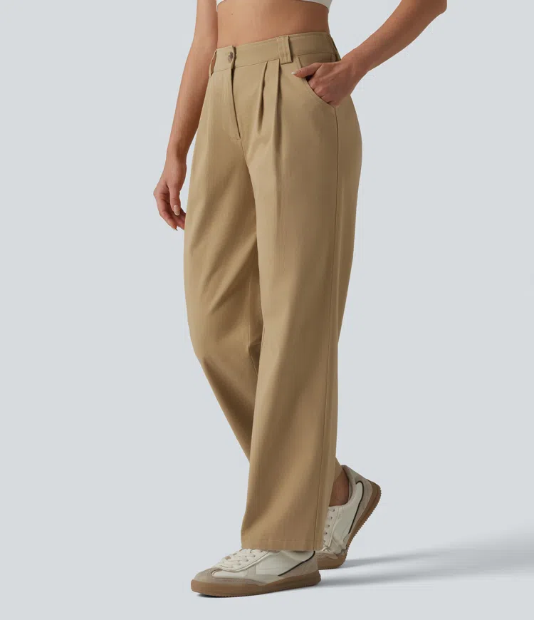 High Waisted Pleated Straight Leg Casual Chino Cotton Pants with Pockets