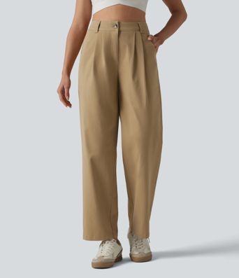 High Waisted Pleated Straight Leg Casual Chino Cotton Pants with Pockets