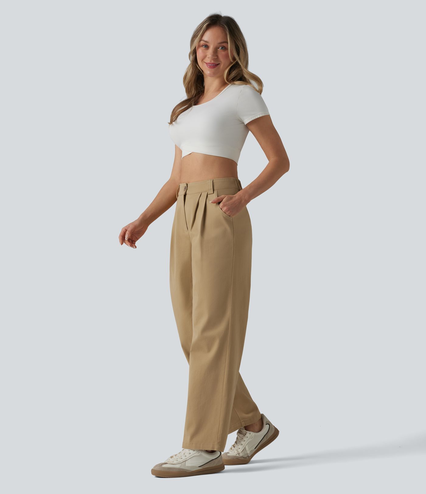 High Waisted Pleated Straight Leg Casual Chino Cotton Pants with Pockets
