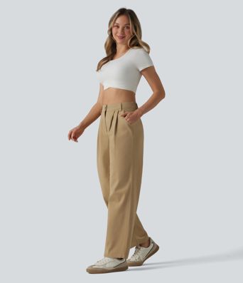 High Waisted Pleated Straight Leg Casual Chino Cotton Pants with Pockets