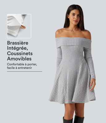 Robe mini en maille côtelée à épaules dénudées, manches longues, coussinets amovibles et poches Robe mini en maille côtelée à épaules dénudées, manches longues, coussinets amovibles et poches