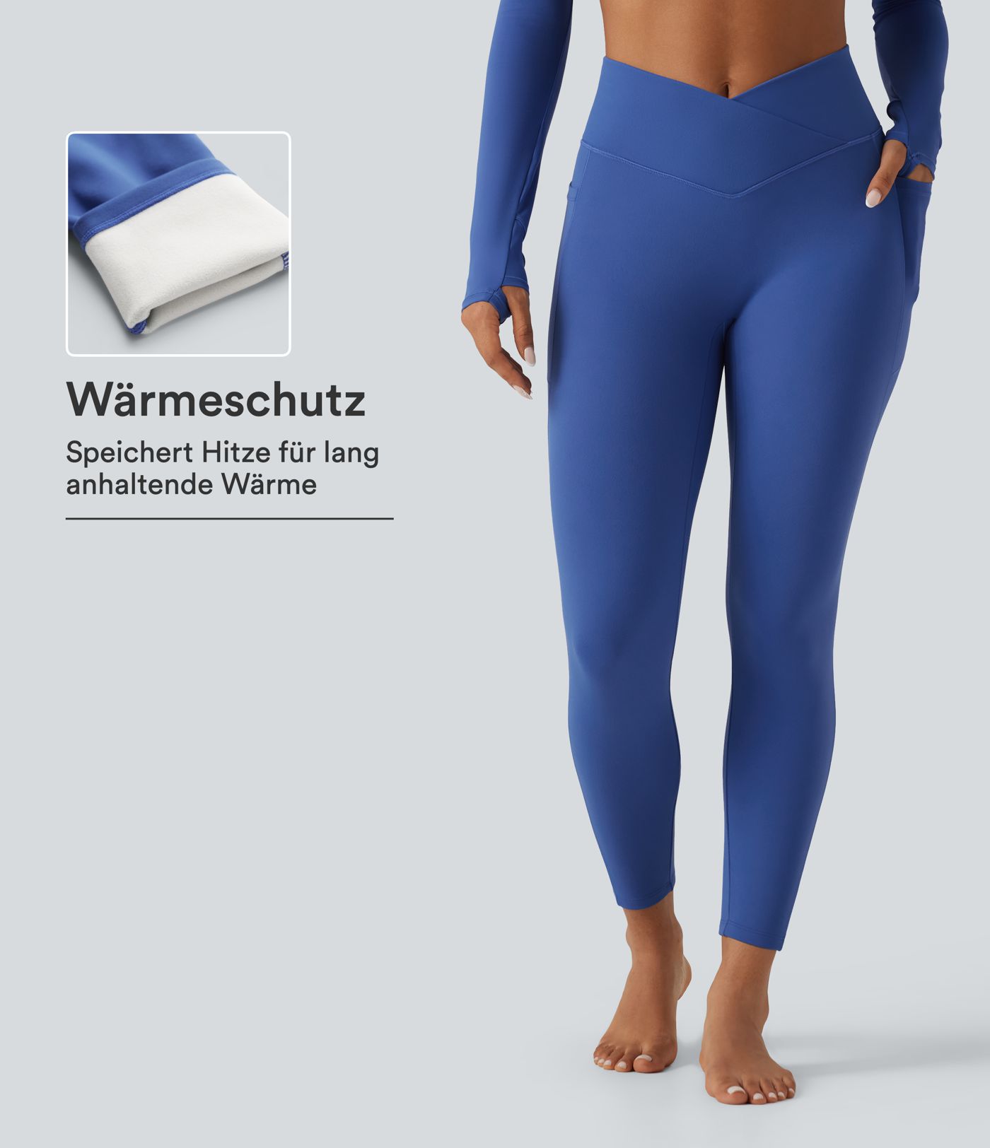 Fleece-Yoga-Leggings mit hohem Crossover-Bund und Seitentaschen Fleece-Yoga-Leggings mit hohem Crossover-Bund und Seitentaschen