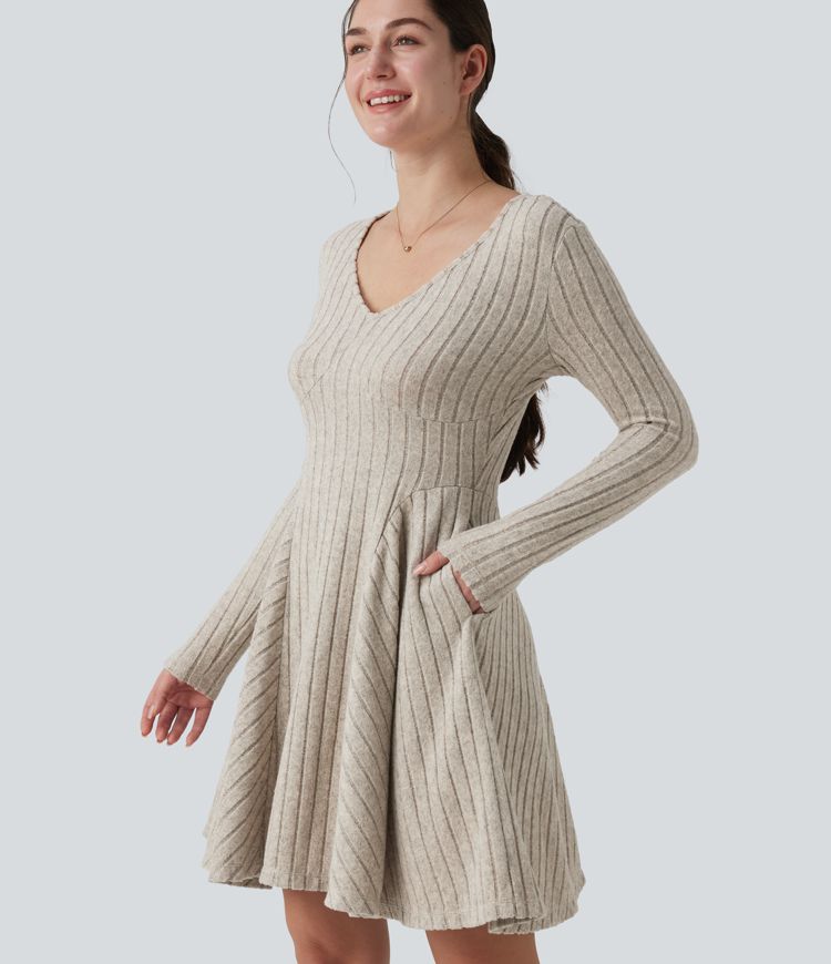 Ribbed Knit V Neck Long Sleeve Flare Mini Casual Dress