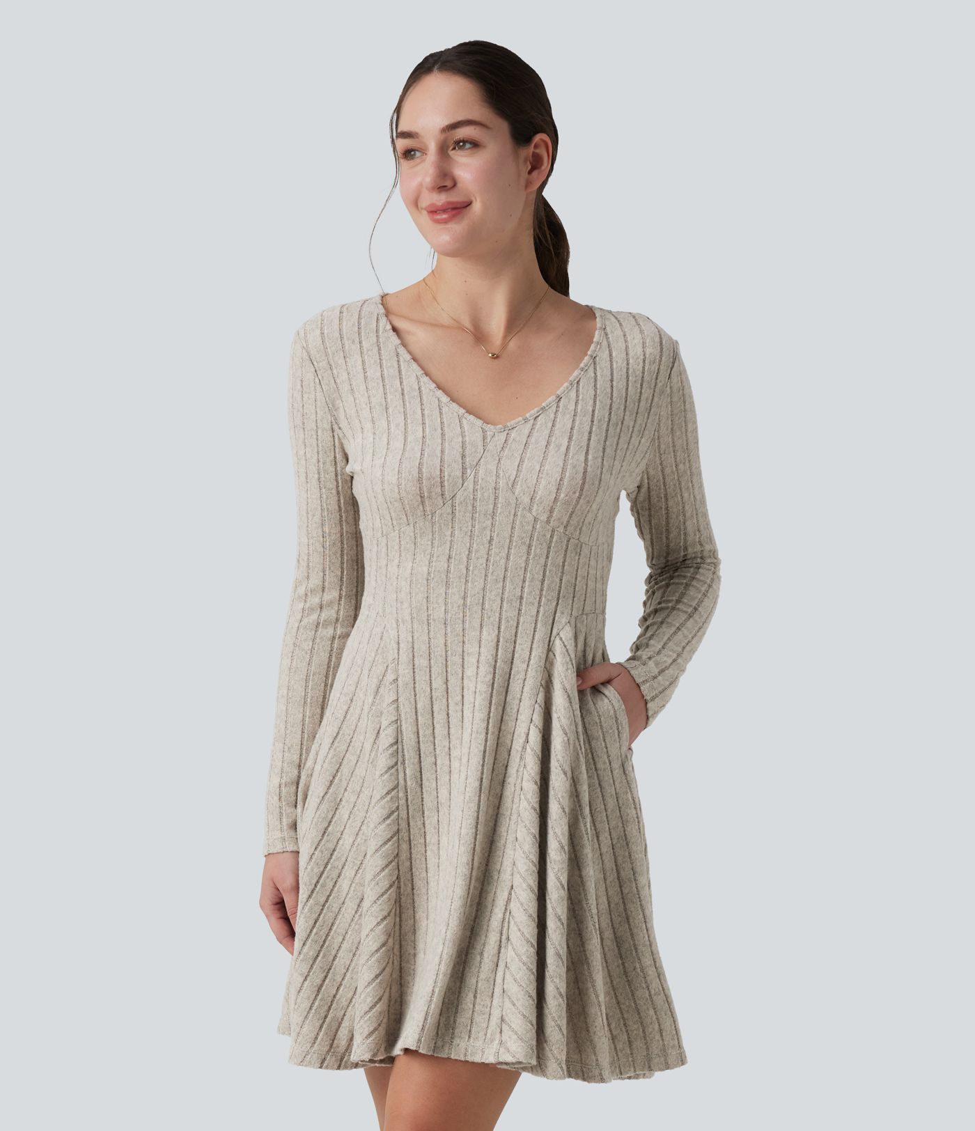 Ribbed Knit V Neck Long Sleeve Flare Mini Casual Dress