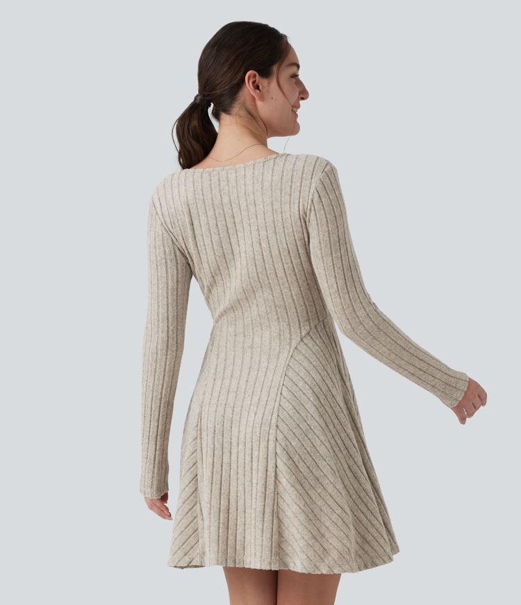 Ribbed Knit V Neck Long Sleeve Flare Mini Casual Dress