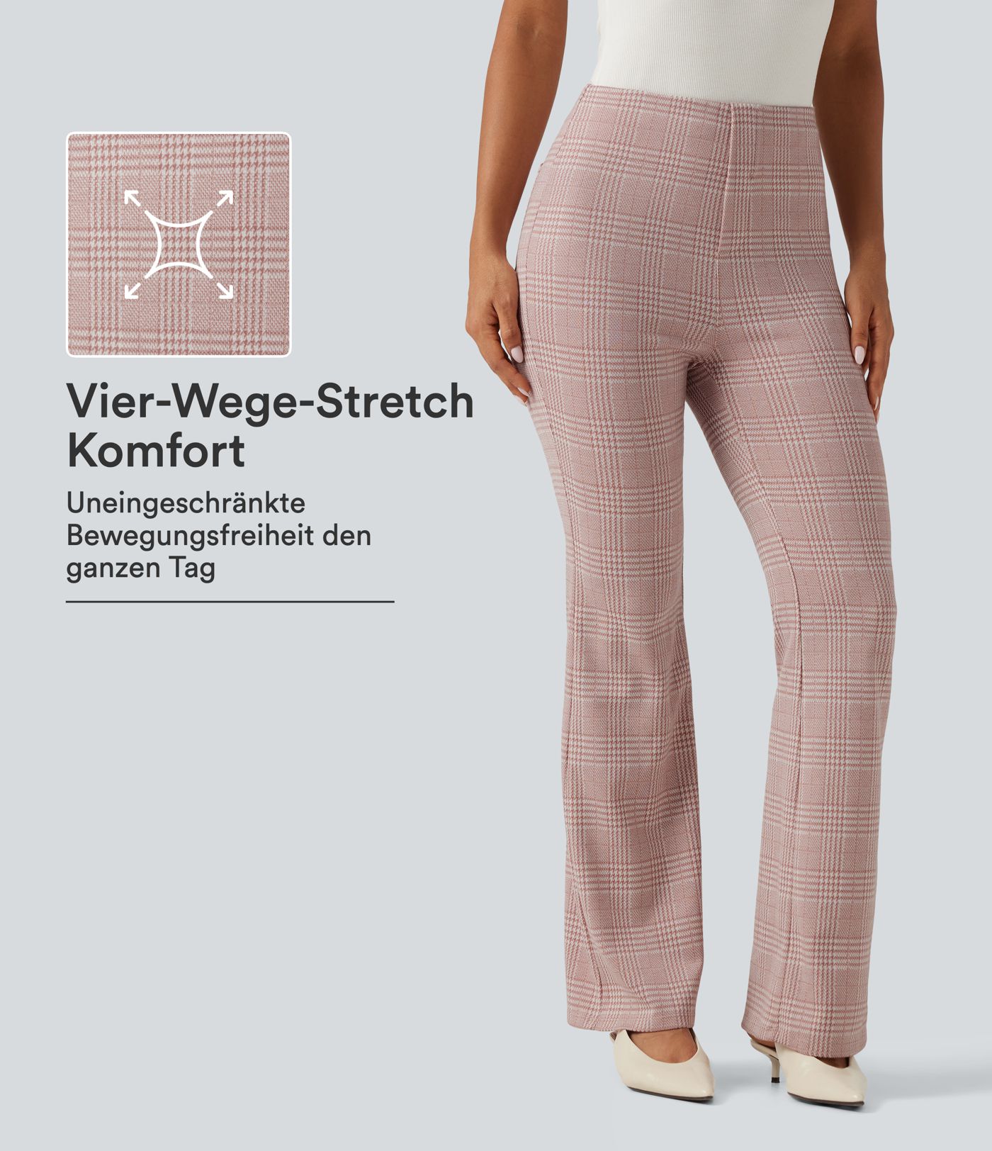 Halara Flex™ - Ausgestellte Bürohose mit hohem Bund, Gesäßtaschen und Karomuster Halara Flex™ - Ausgestellte Bürohose mit hohem Bund, Gesäßtaschen und Karomuster