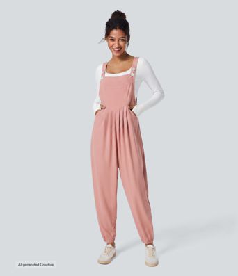 Waffelstickade hängselbyxor i casual jogger-stil med fickor
