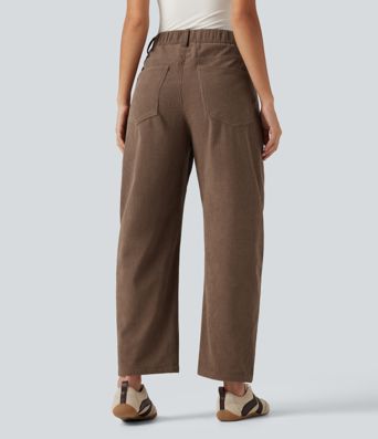 High Waisted Barrel Leg Corduroy Casual Pants with Pockets