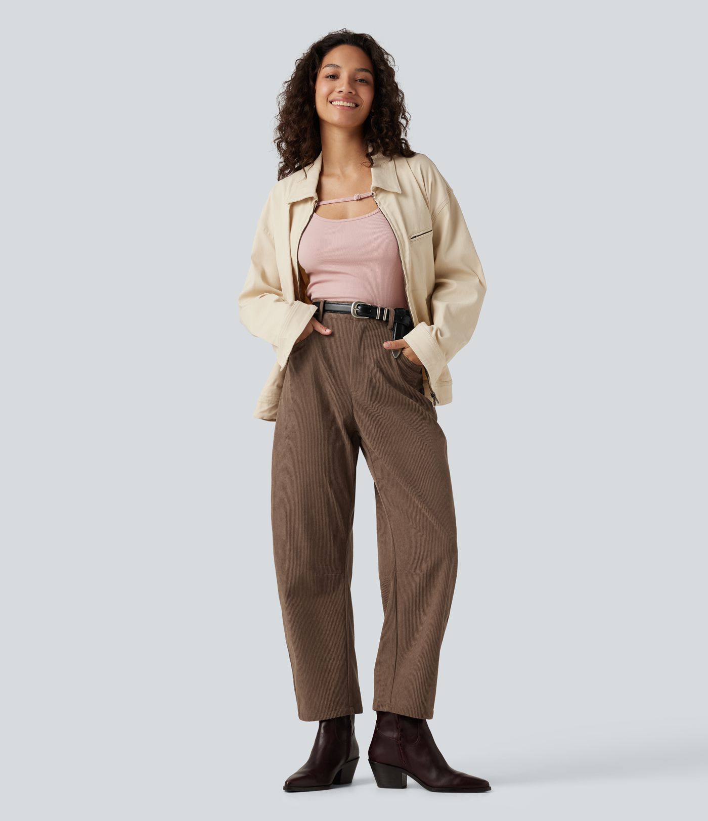 High Waisted Barrel Leg Corduroy Casual Pants with Pockets