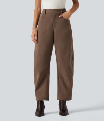 High Waisted Barrel Leg Corduroy Casual Pants with Pockets