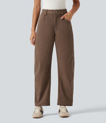High Waisted Barrel Leg Corduroy Casual Pants with Pockets