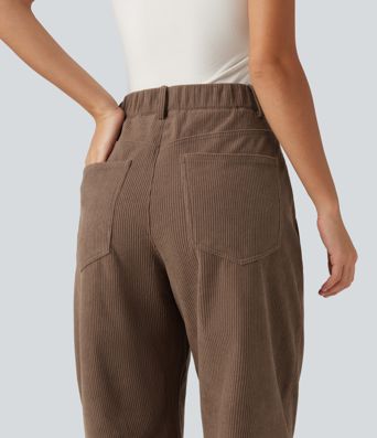High Waisted Barrel Leg Corduroy Casual Pants with Pockets