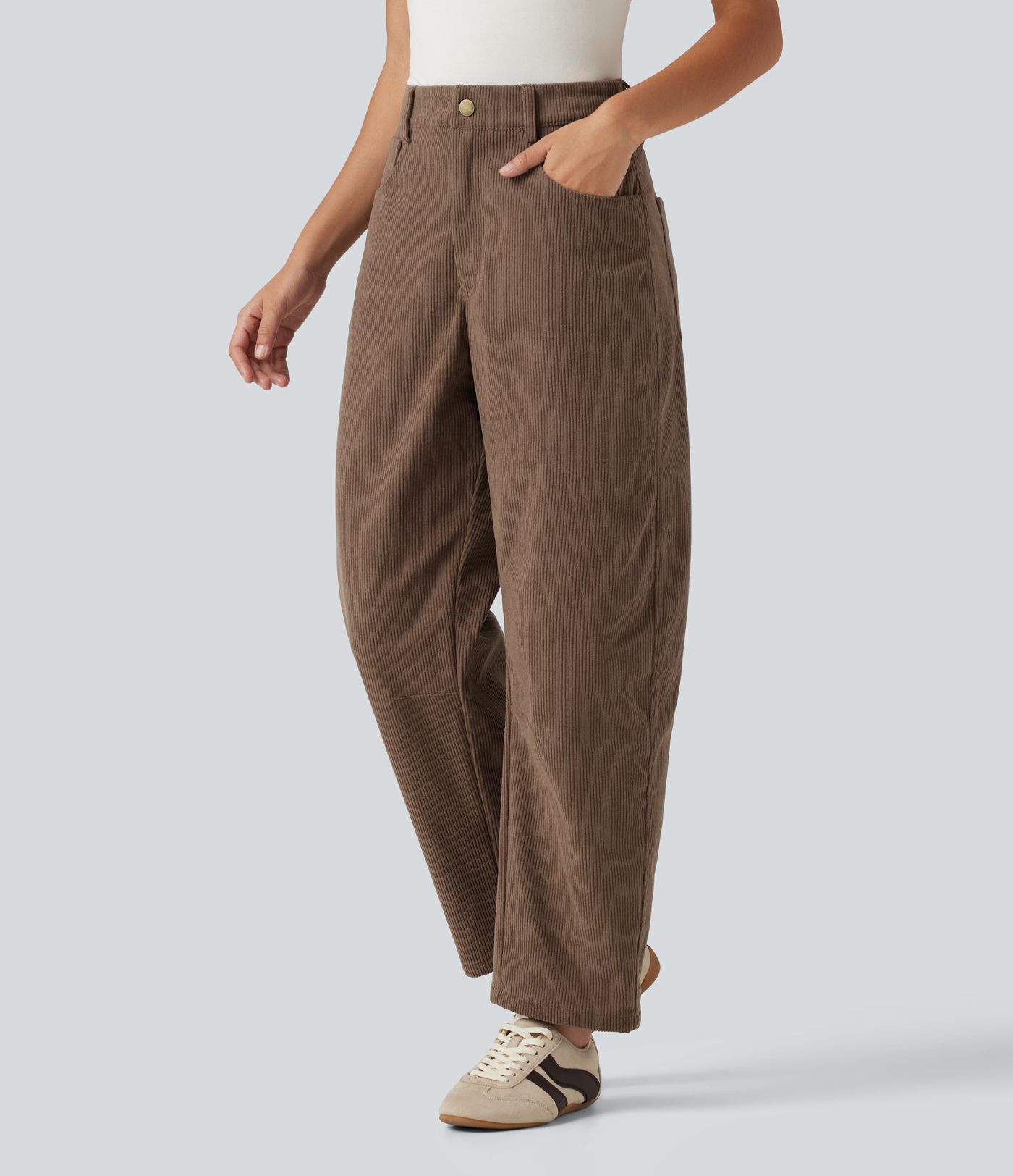 High Waisted Barrel Leg Corduroy Casual Pants with Pockets