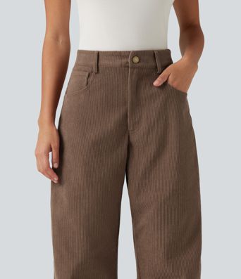 High Waisted Barrel Leg Corduroy Casual Pants with Pockets