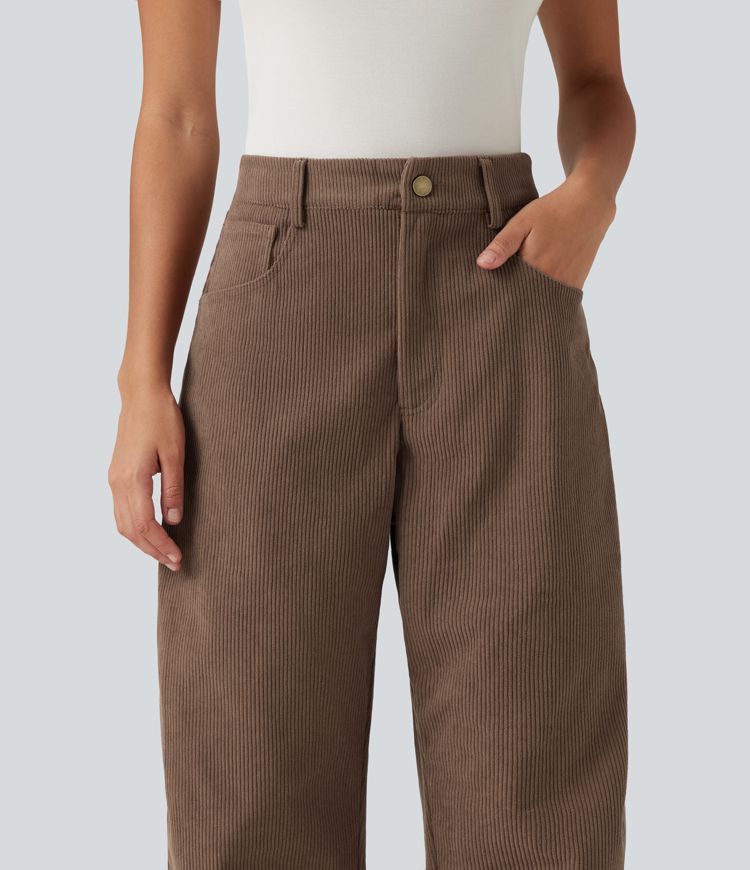 High Waisted Barrel Leg Corduroy Casual Pants with Pockets