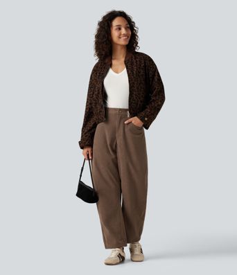 High Waisted Barrel Leg Corduroy Casual Pants with Pockets