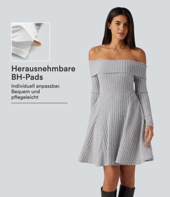 Robe mini décontractée en maille côtelée à épaules dénudées, manches longues, avec soutien-gorge intégré et poches.