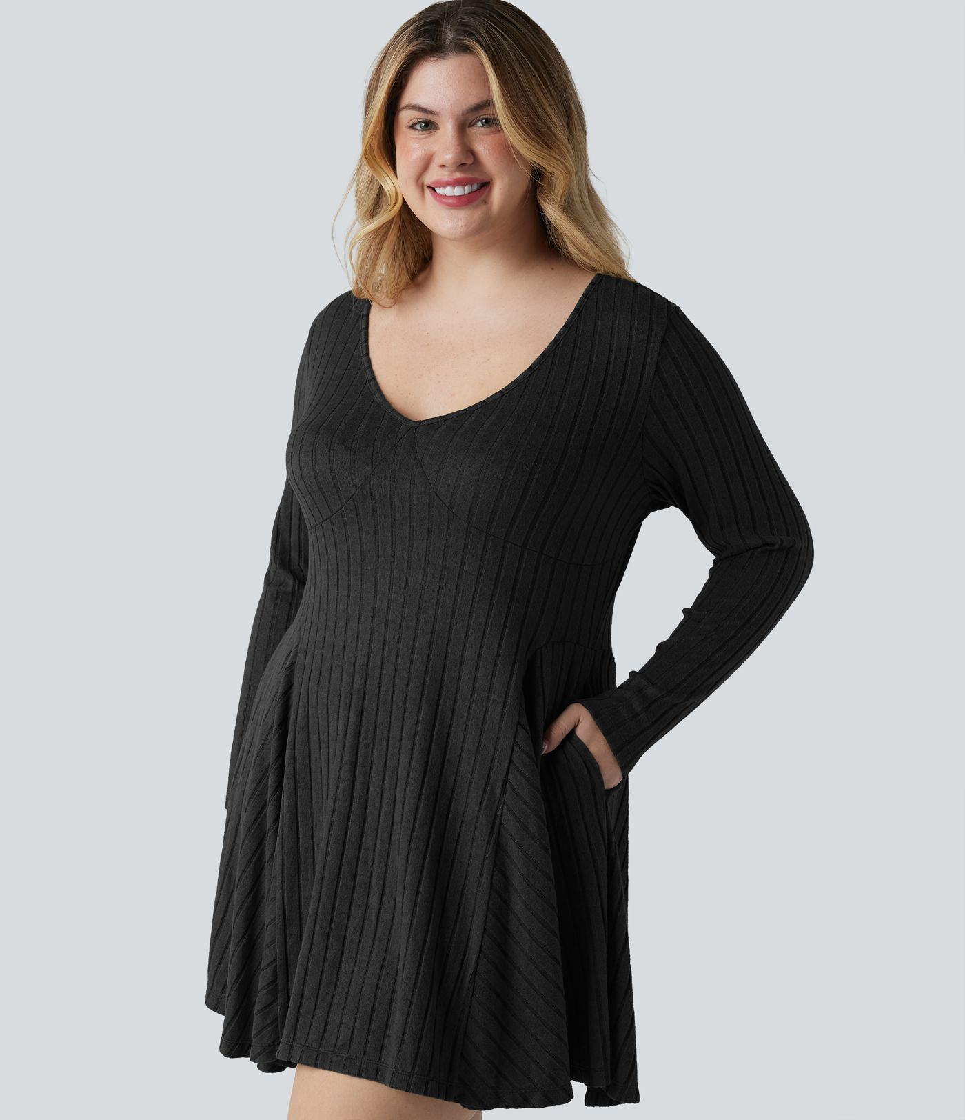 Plus Size Ribbed Knit V Neck Long Sleeve Flare Mini Casual Dress with Pockets Plus Size Ribbed Knit V Neck Long Sleeve Flare Mini Casual Dress with Pockets