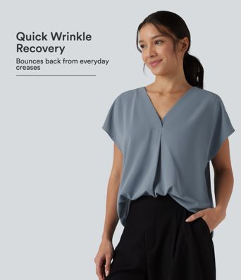 Wrinkle Recovery V-neck Short Sleeve Oversized Work Blouse
