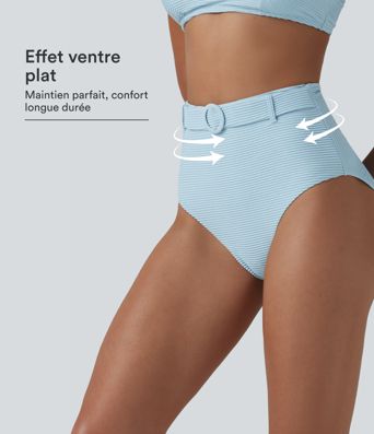 Hoch taillierte, bauchformende, gestreifte Bikinihose mit Glitzereffekt