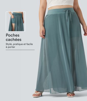 Jupe longue fluide grande taille 2-en-1 mesh contrastant taille haute avec cordon de serrage et poches