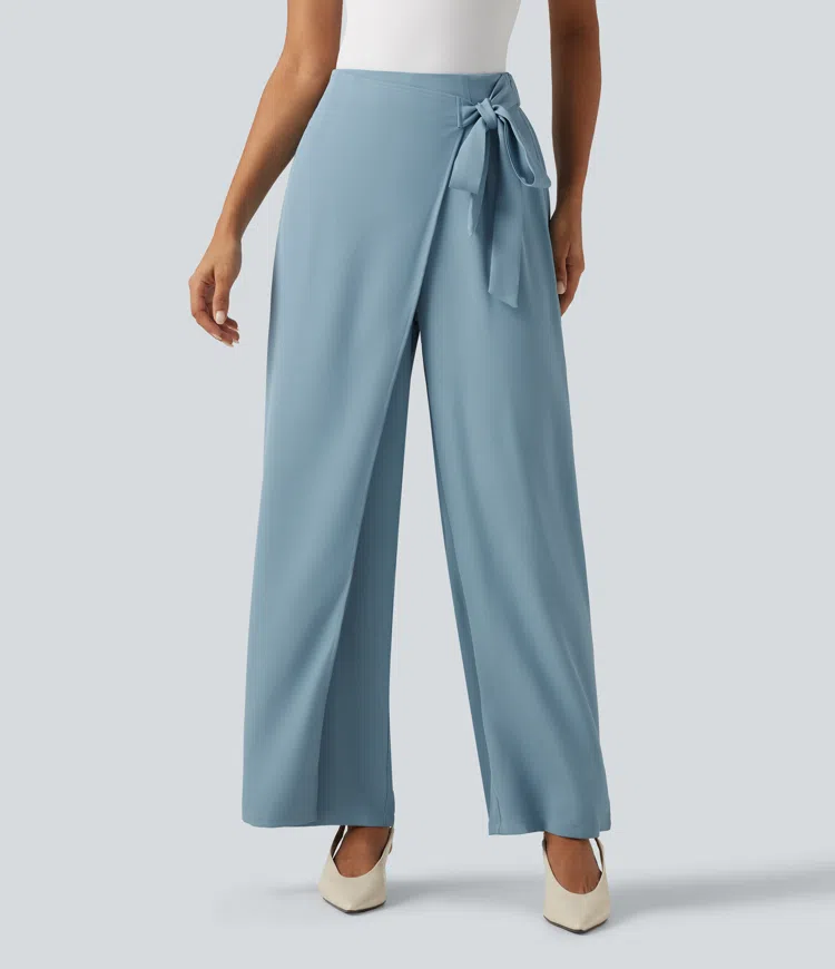 Pantalon Tailleur Large Fluide Taille Haute Fermeture Éclair Invisible 