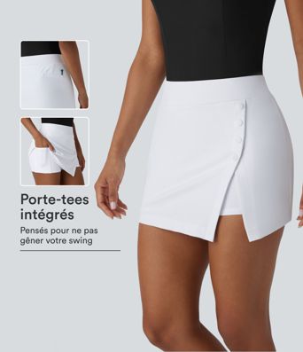 Jupe-short de golf mini taille haute 2-en-1 fendue à boutons décoratifs avec poche latérale séchage rapide - Poche pour tee de golf - UPF40+