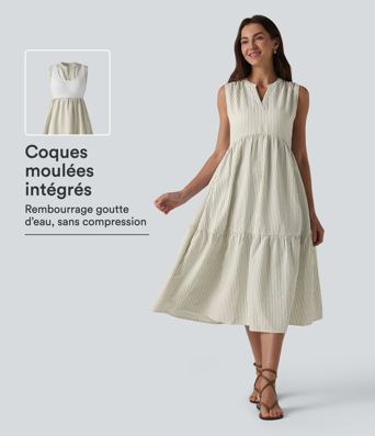 Vestido midi a rayas sin mangas con escote en V y sujetador integrado Vestido midi a rayas sin mangas con escote en V y sujetador integrado