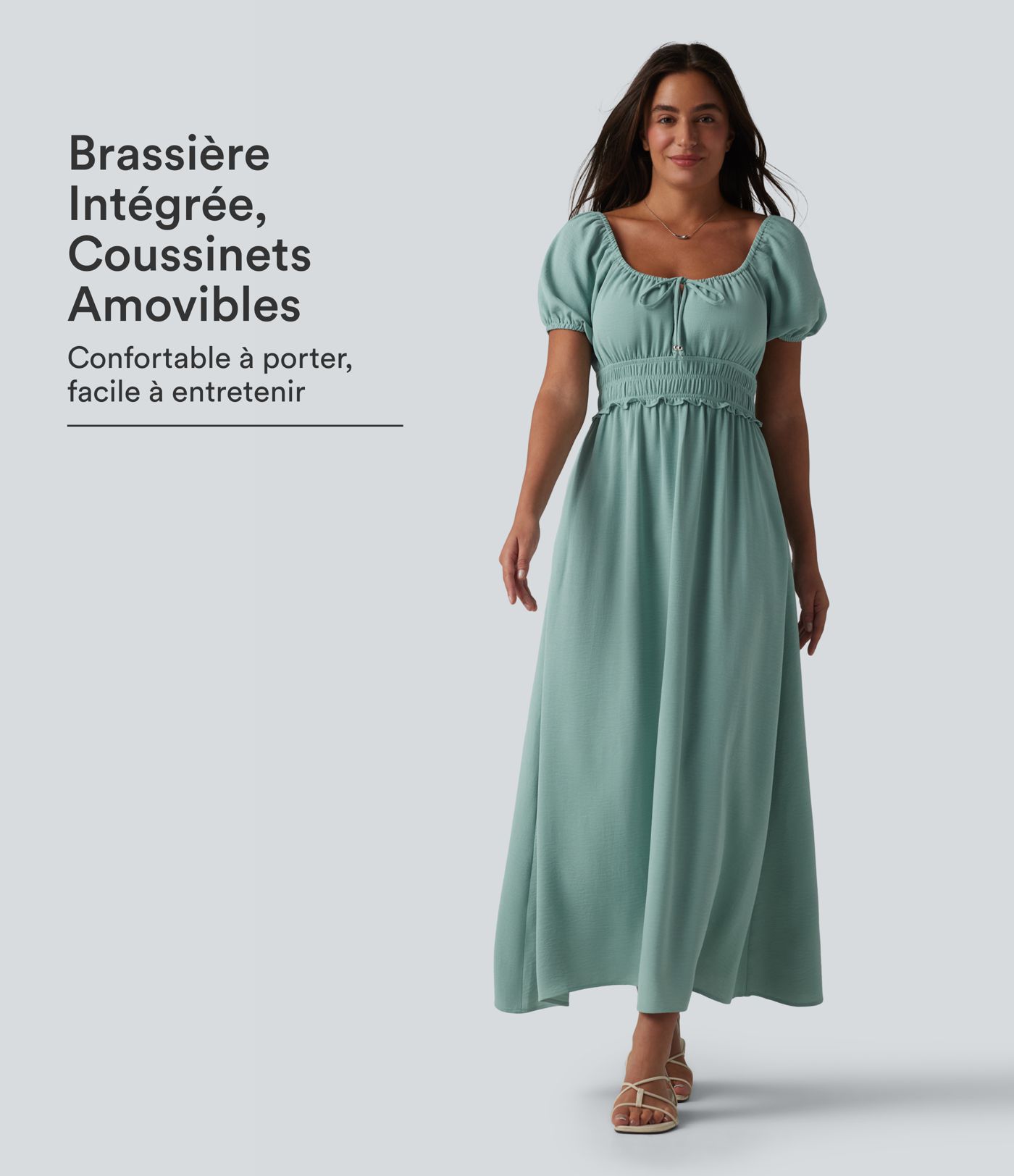 Robe longue fluide et décontractée en lin, à col carré, manches bouffantes, soutien-gorge intégré froncé et poches Robe longue fluide et décontractée en lin, à col carré, manches bouffantes, soutien-gorge intégré froncé et poches