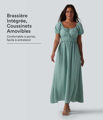 Robe longue fluide et décontractée en lin, à col carré, manches bouffantes, soutien-gorge intégré froncé et poches Robe longue fluide et décontractée en lin, à col carré, manches bouffantes, soutien-gorge intégré froncé et poches