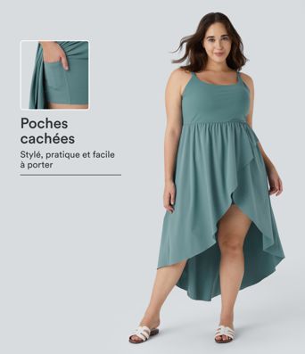 Breezeful ™ Dos Nu Asymétrique Ourlet Croisé 2 Pièces Poche Latérale Fluide Midi Séchage Rapide Casual Robe Grande Taille