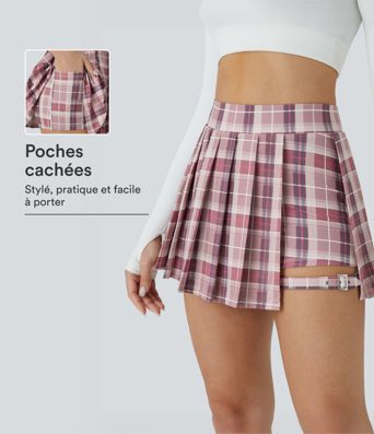 Mini-jupe décontractée 2-en-1 à carreaux, taille haute plissée, poche latérale et boucle ajustable