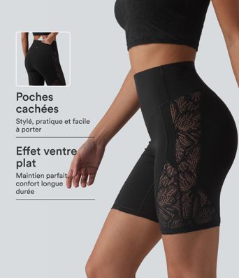 Short cycliste de yoga Halara UltraSculpt™ taille haute ventre plat en dentelle contrastée, 17,5 cm, avec poche Short cycliste de yoga Halara UltraSculpt™ taille haute ventre plat en dentelle contrastée, 17,5 cm, avec poche