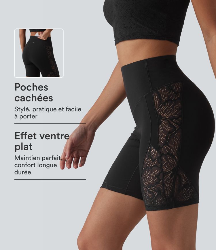 Short cycliste de yoga Halara UltraSculpt™ taille haute ventre plat en dentelle contrastée, 17,5 cm, avec poche Short cycliste de yoga Halara UltraSculpt™ taille haute ventre plat en dentelle contrastée, 17,5 cm, avec poche