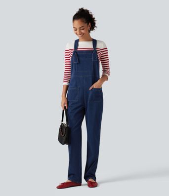 Halara Flex™ combinaison décontractée en denim à encolure carrée, sans manches, coupe fuselée, avec poches