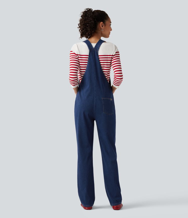 Halara Flex™ combinaison décontractée en denim à encolure carrée, sans manches, coupe fuselée, avec poches