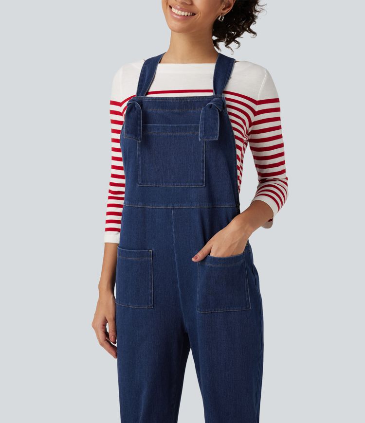 Halara Flex™ combinaison décontractée en denim à encolure carrée, sans manches, coupe fuselée, avec poches