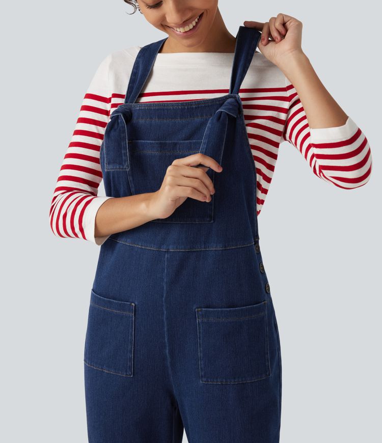 Halara Flex™ combinaison décontractée en denim à encolure carrée, sans manches, coupe fuselée, avec poches