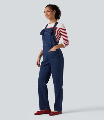 Halara Flex™ combinaison décontractée en denim à encolure carrée, sans manches, coupe fuselée, avec poches