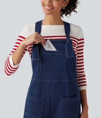 Halara Flex™ combinaison décontractée en denim à encolure carrée, sans manches, coupe fuselée, avec poches