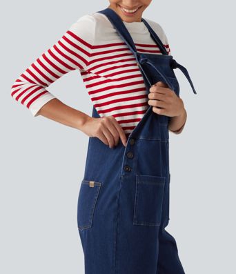 Halara Flex™ combinaison décontractée en denim à encolure carrée, sans manches, coupe fuselée, avec poches