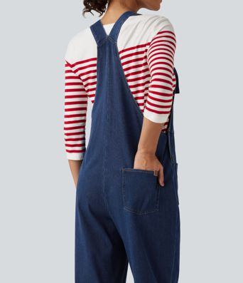 Halara Flex™ combinaison décontractée en denim à encolure carrée, sans manches, coupe fuselée, avec poches