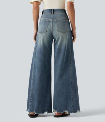 High Waisted Casual Cotton Flare Jeans with Pockets