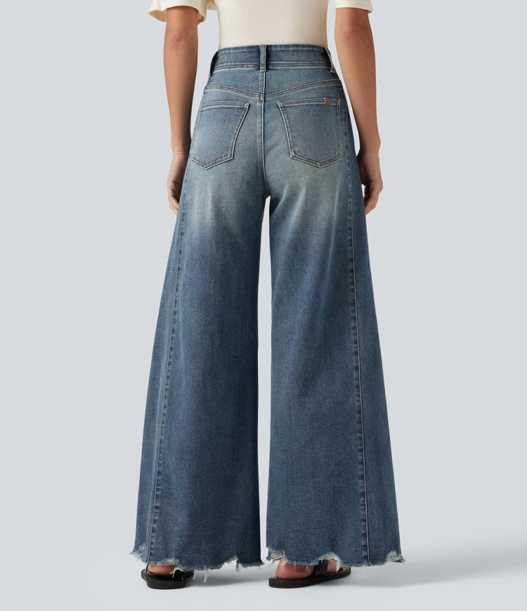 High Waisted Casual Cotton Flare Jeans with Pockets