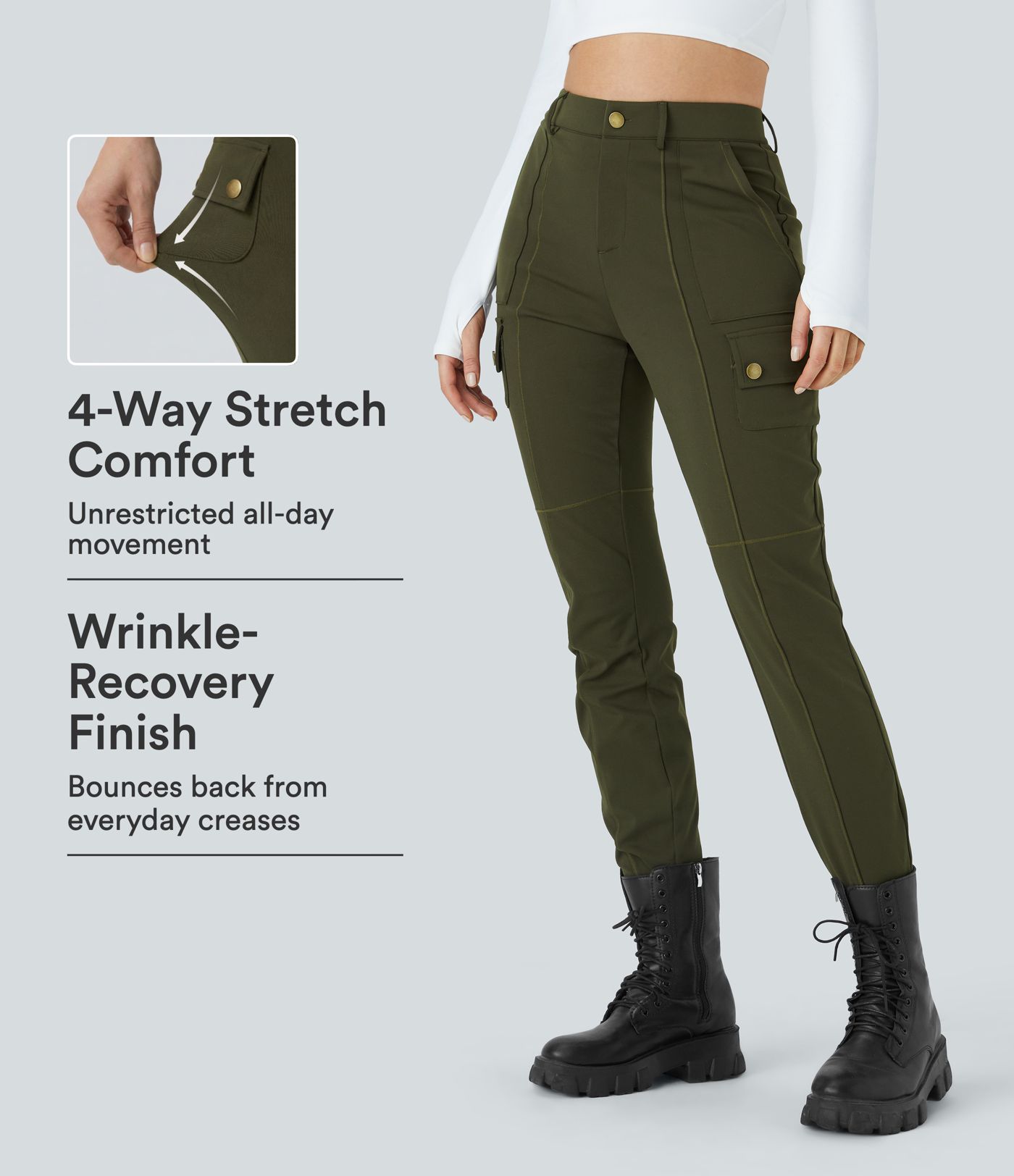 DayStretch pantalon cargo slim taille haute, poches zippées, uni DayStretch pantalon cargo slim taille haute, poches zippées, uni